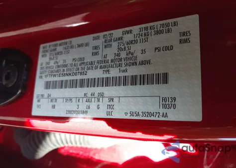 2022 Ford F-150 Lariat из США, поврежденный, VIN 1FTFW1E58NKD07852